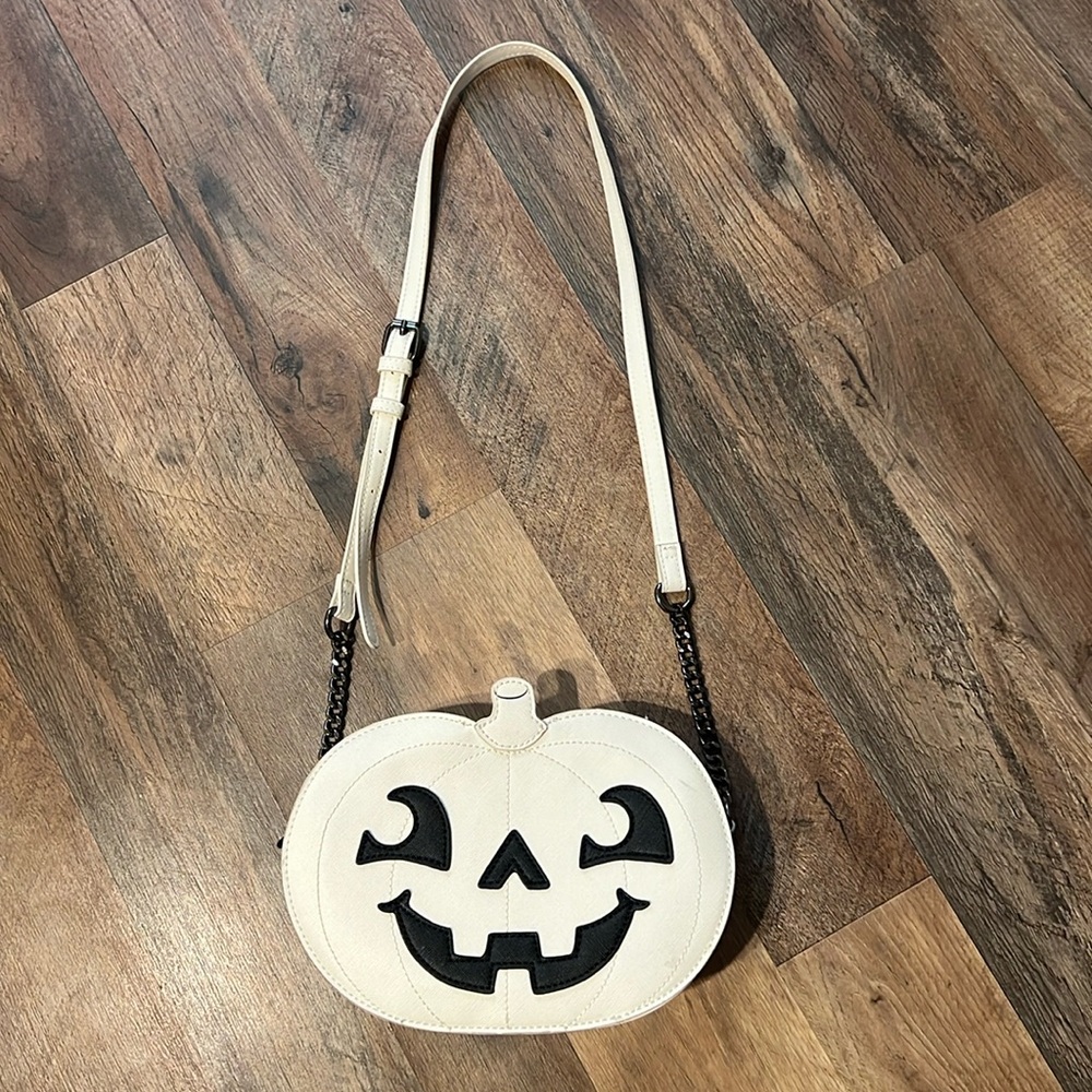 Adorable white jack-o’-lantern in purse